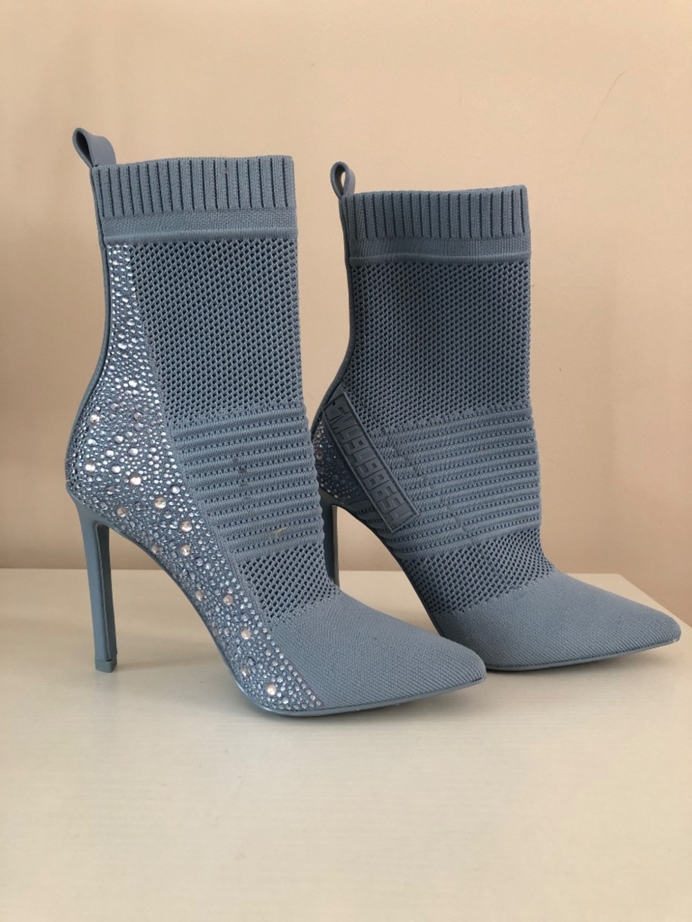 Steve Madden Maxelle Cinderella Blue Rhinestone Knit Ankle Stiletto Sock Booties - Picture 5 of 7